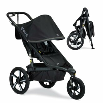 BOB Gear Revolution jogging stroller in black, shown unfolded and folded.