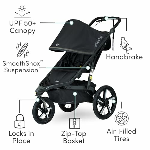 BOB Gear stroller with canopy, handbrake, suspension, locks, basket, and air-filled tires.