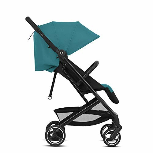 Side view of a compact folding stroller with teal canopy.