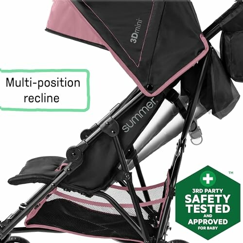 Side view of a compact stroller with multi-position recline feature and safety approval badge.