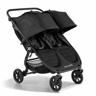 Black double stroller with two seats and a canopy.