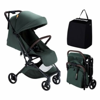 Green foldable stroller with carrying bag.