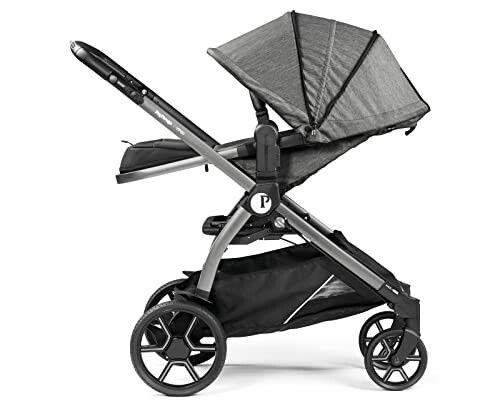 Gray modern baby stroller with canopy and storage basket