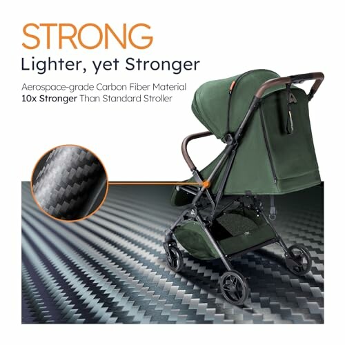 Green stroller made with aerospace-grade carbon fiber material, 10x stronger than standard.